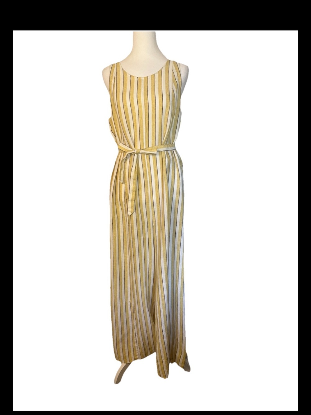 100% Linen Rachel Zoe Sleeveless Wide Leg Yellow Striped Jumpsuit Romper Size 8